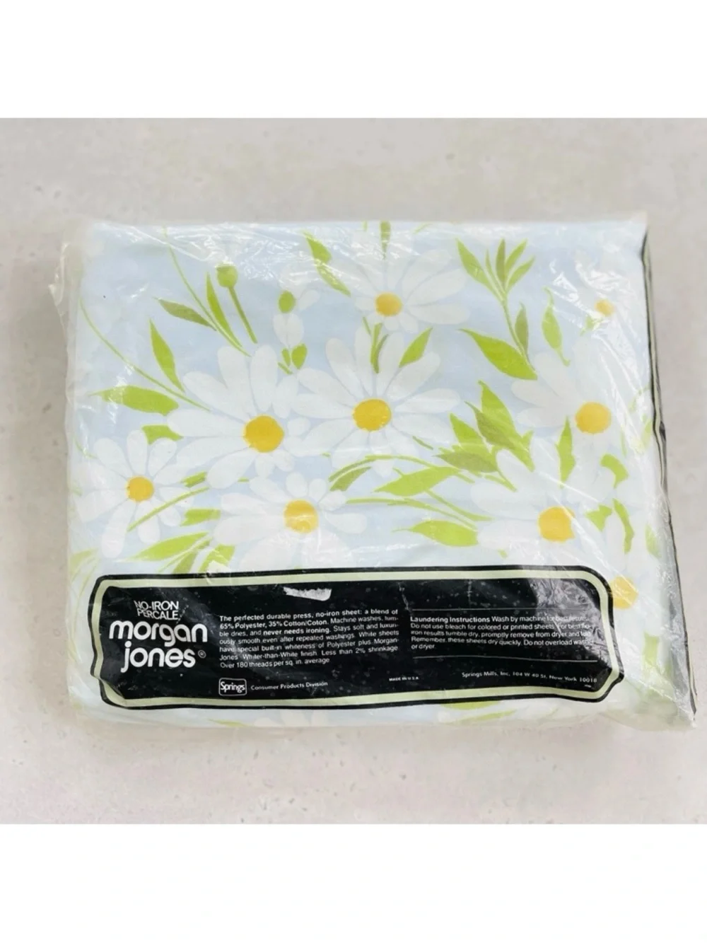 NOS Vintage Morgan Jones Blue with Spring Daisies Print Twin Fitted Sheet
